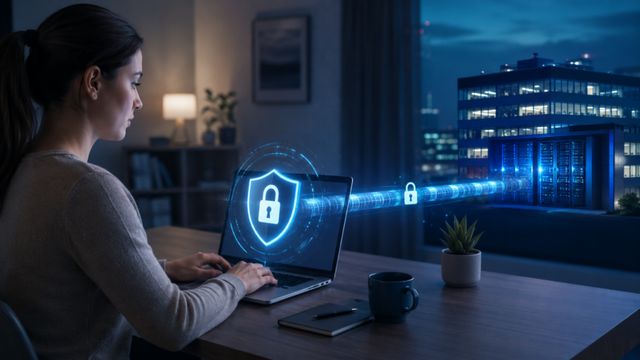 Una persona trabajando de noche en su laptop, con la conexión cifrada hacia el centro de datos de su empresa.